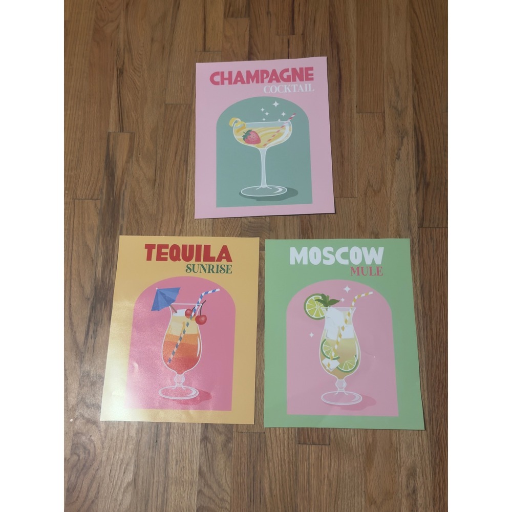 Cocktail Art Prints Set of 3 11x14 Multicolor Retro Bar Decor champagne tequila